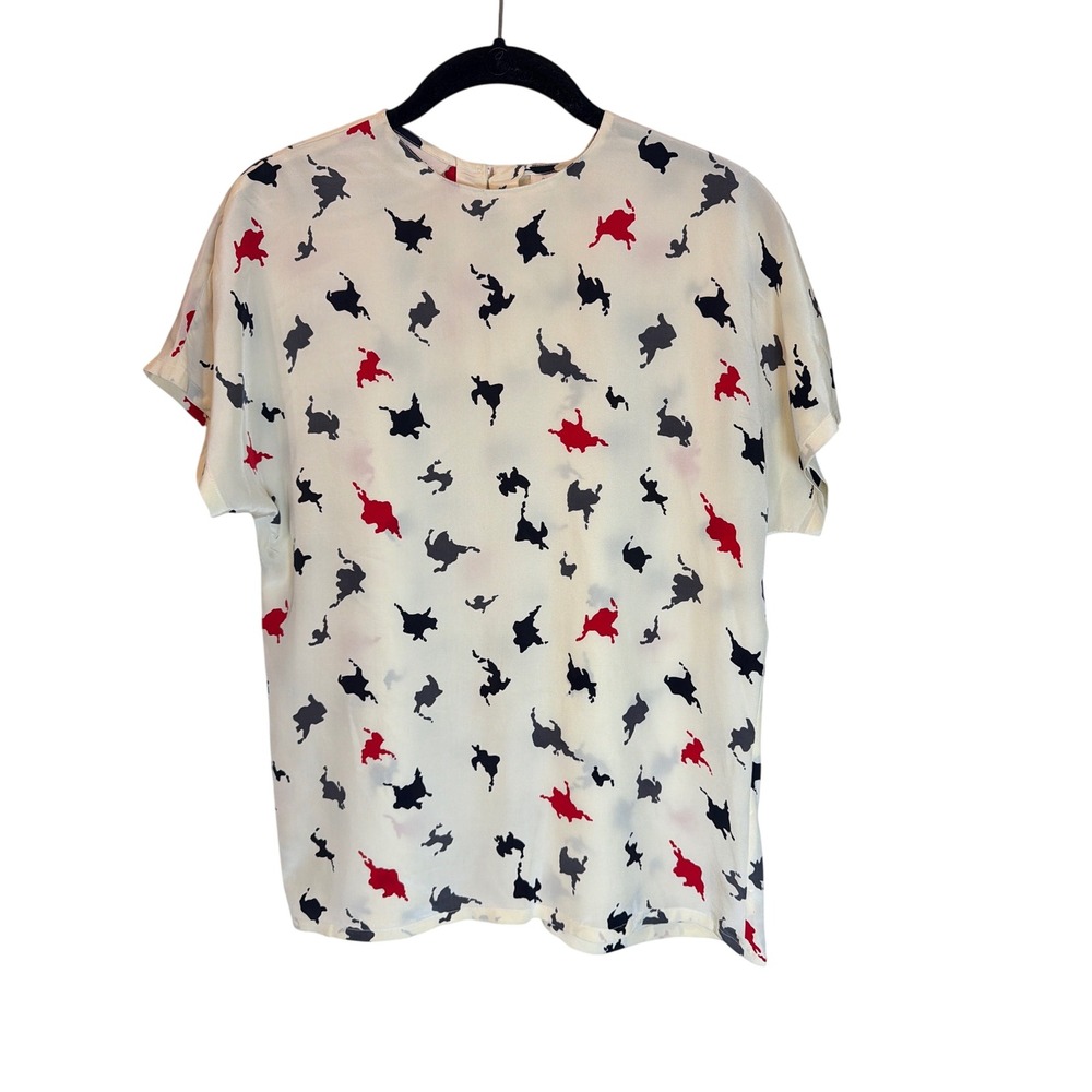 Linda Allard Ellen Tracy Silk Blouse Short Sleeve‎ Abstract Print Cream Red 2